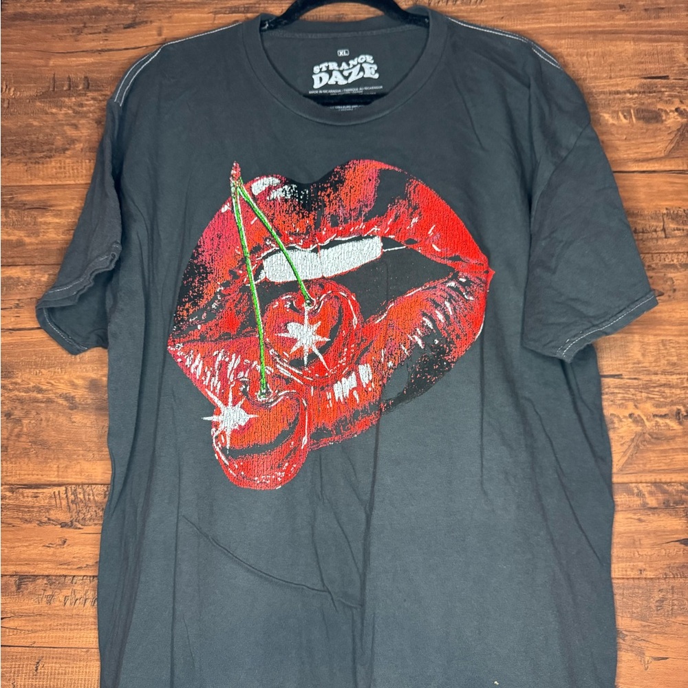 Black Graphic T-Shirt with Red Lips/Cherry Design